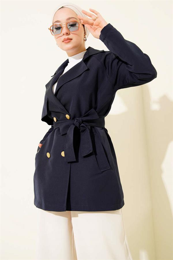 One-Shoulder Epaulette Buttoned Trench Coat Navy Blue