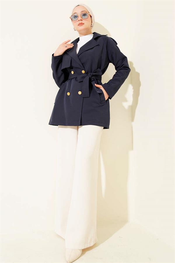 One-Shoulder Epaulette Buttoned Trench Coat Navy Blue