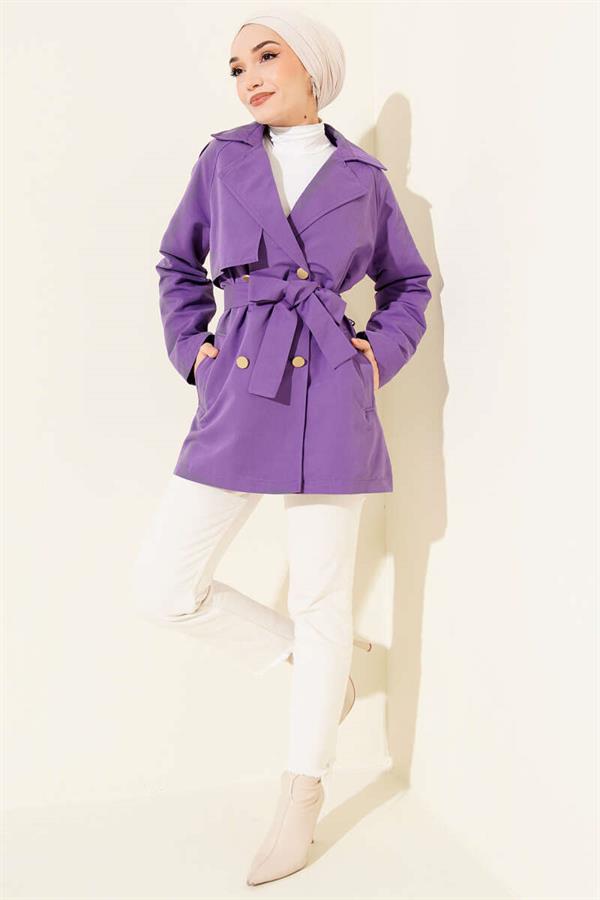 One Shoulder Epaulette Buttoned Trench Coat Lilac