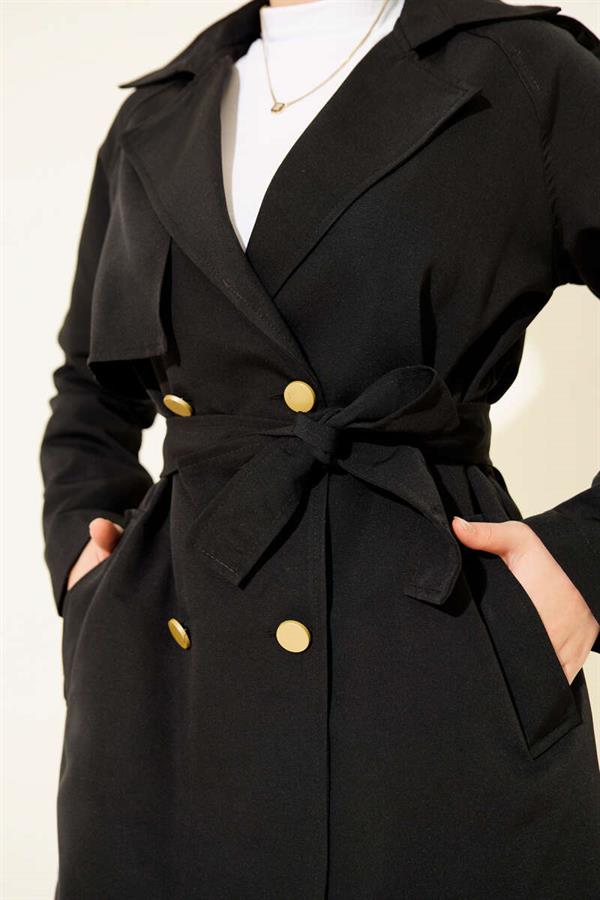 One Shoulder Epaulette Buttoned Trench Coat Black