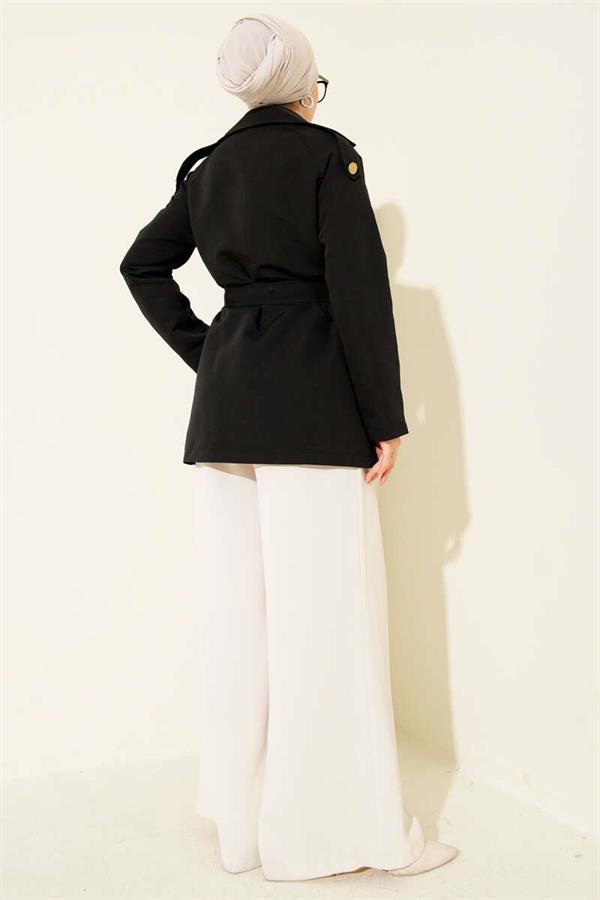 One Shoulder Epaulette Buttoned Trench Coat Black