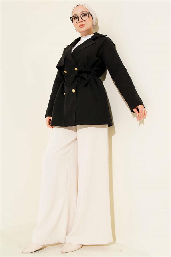 One Shoulder Epaulette Buttoned Trench Coat Black