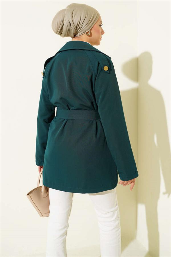 One Shoulder Epaulette Buttoned Trench Coat Emerald