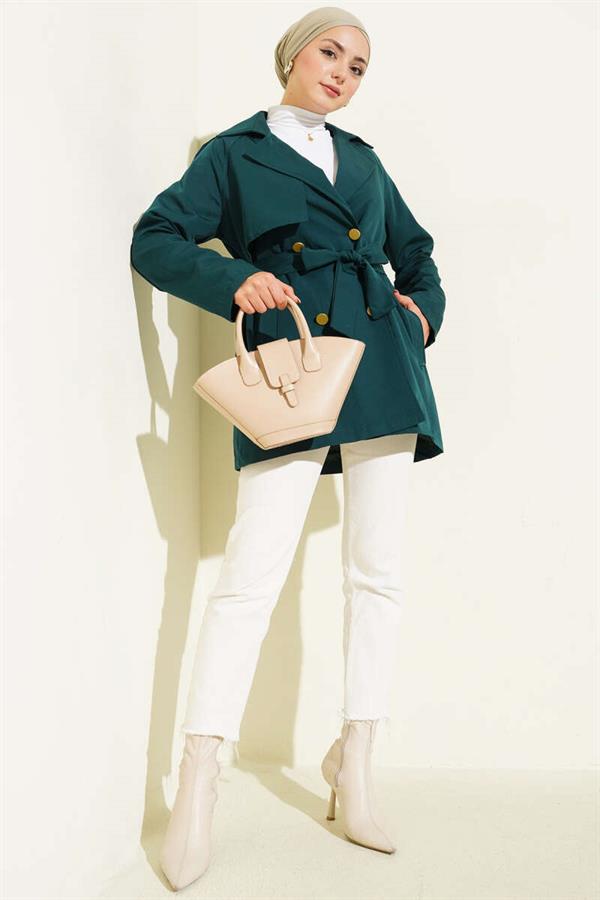One Shoulder Epaulette Buttoned Trench Coat Emerald