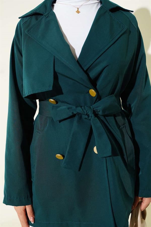 One Shoulder Epaulette Buttoned Trench Coat Emerald