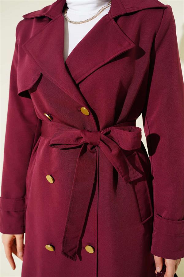 Single Shoulder Epaulette Double Breasted Trench Coat Burgundy