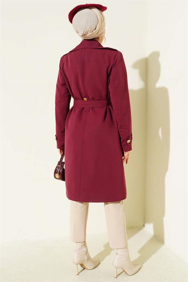 Single Shoulder Epaulette Double Breasted Trench Coat Burgundy