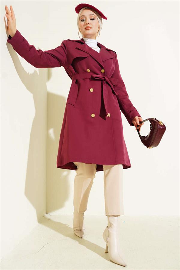 Single Shoulder Epaulette Double Breasted Trench Coat Burgundy