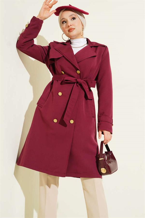 Single Shoulder Epaulette Double Breasted Trench Coat Burgundy