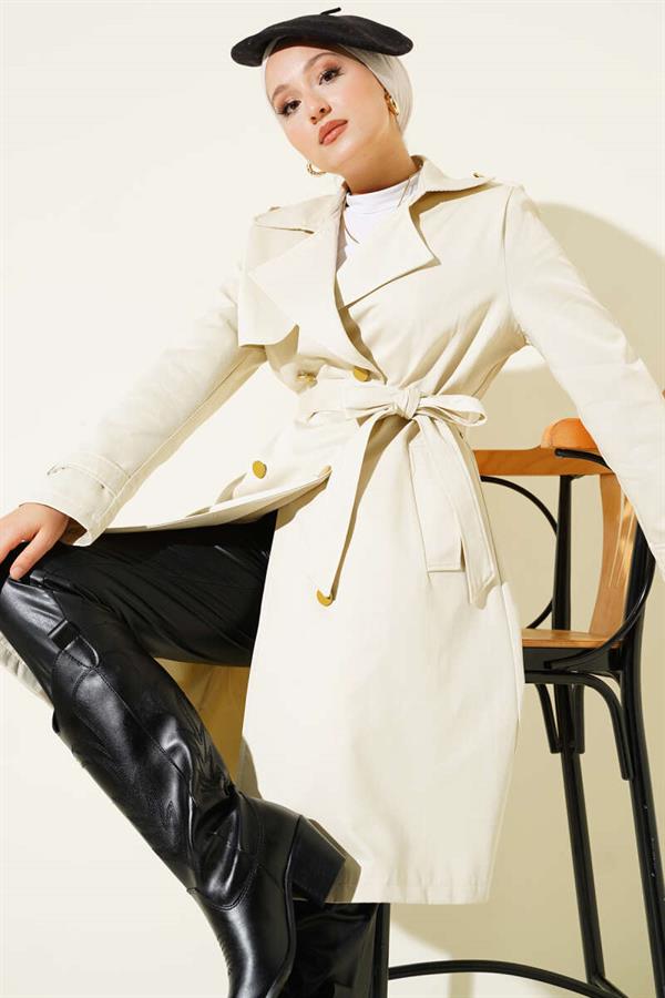 Single Shoulder Epaulette Double Breasted Trench Coat Ecru