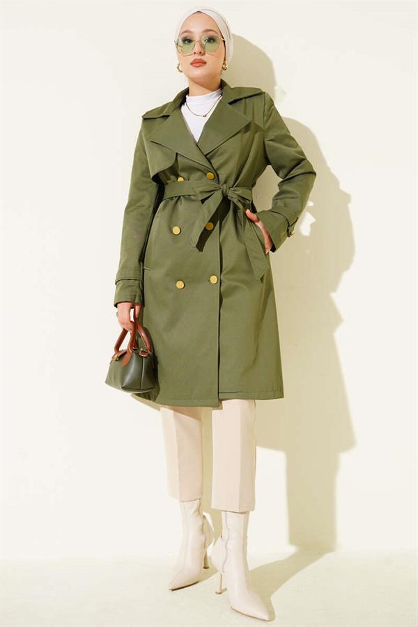 One Shoulder Epaulette Double Breasted Trench Coat Khaki