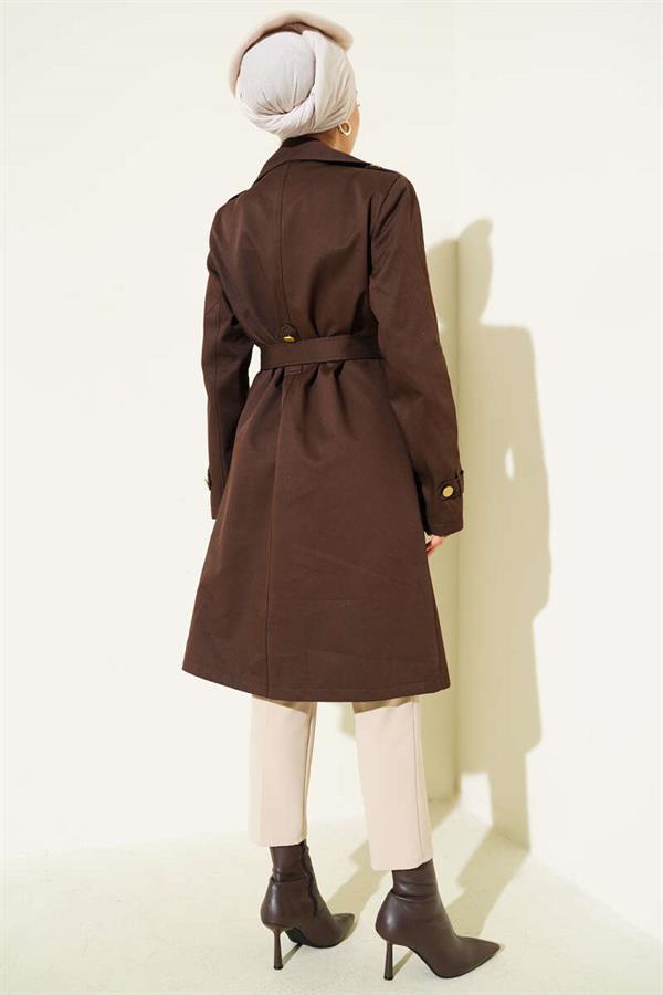 Single Shoulder Epaulette Double Breasted Trench Coat Brown