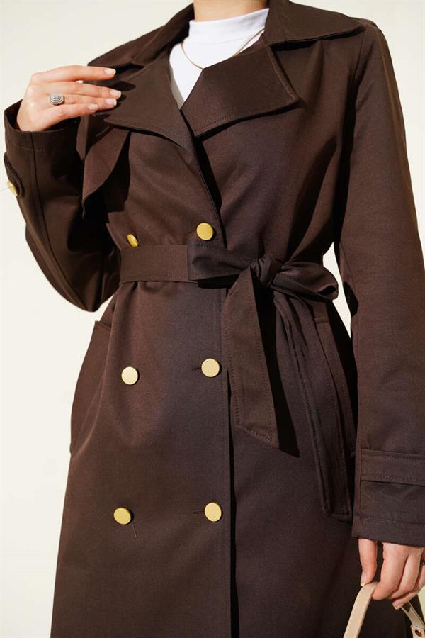 Single Shoulder Epaulette Double Breasted Trench Coat Brown