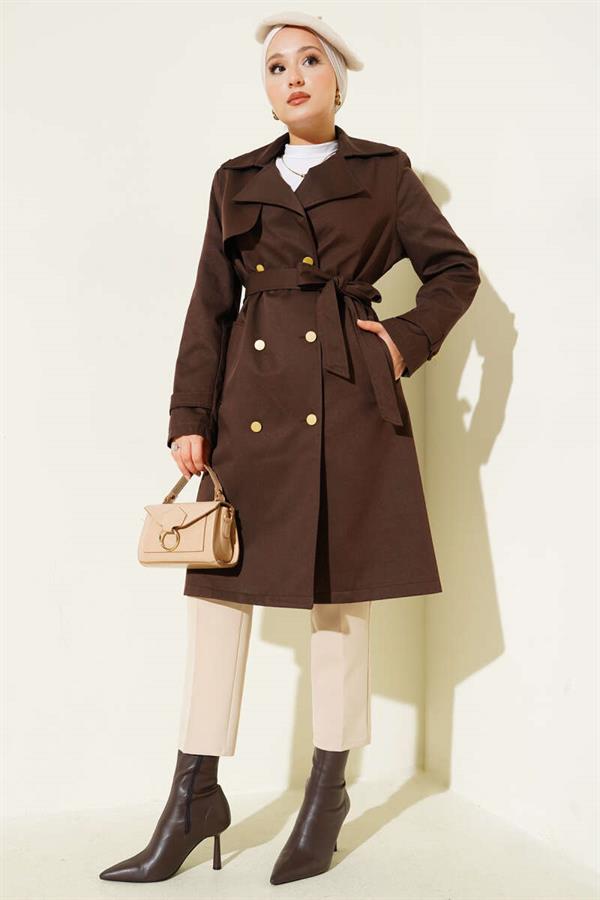 Single Shoulder Epaulette Double Breasted Trench Coat Brown