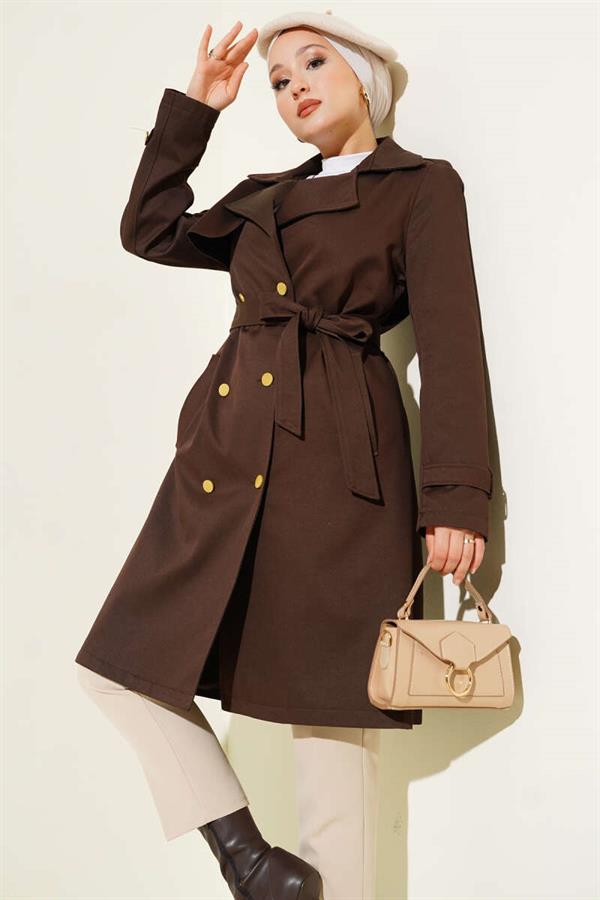 Single Shoulder Epaulette Double Breasted Trench Coat Brown