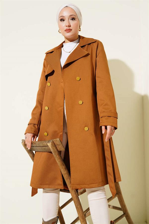 Single Shoulder Epaulette Double Breasted Trench Coat Tan