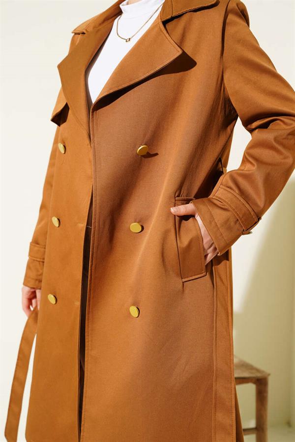 Single Shoulder Epaulette Double Breasted Trench Coat Tan