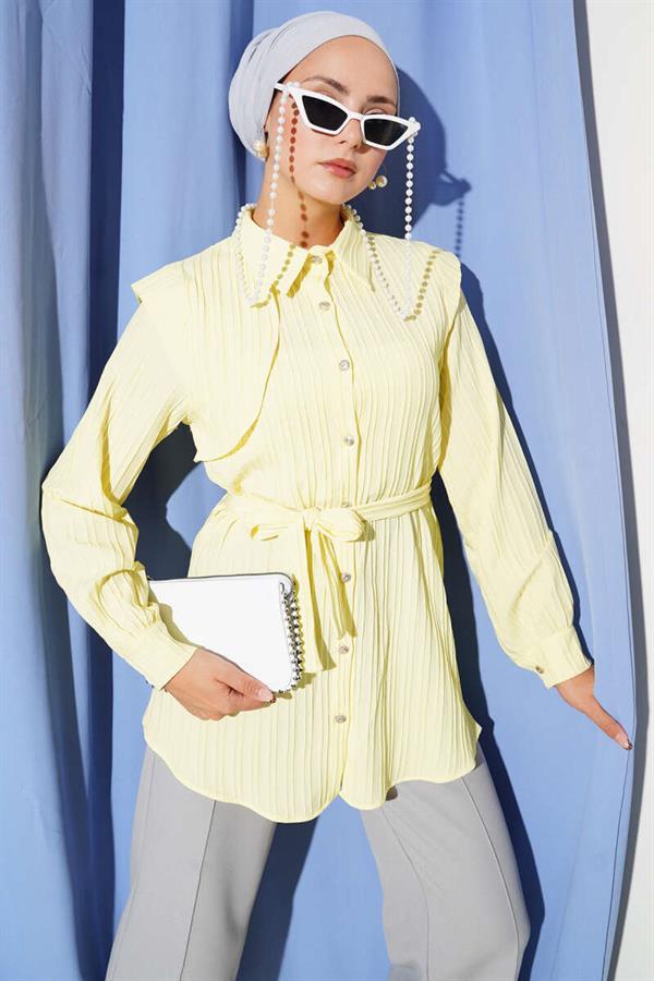 One Shoulder Cape Belted Shirt Yellow