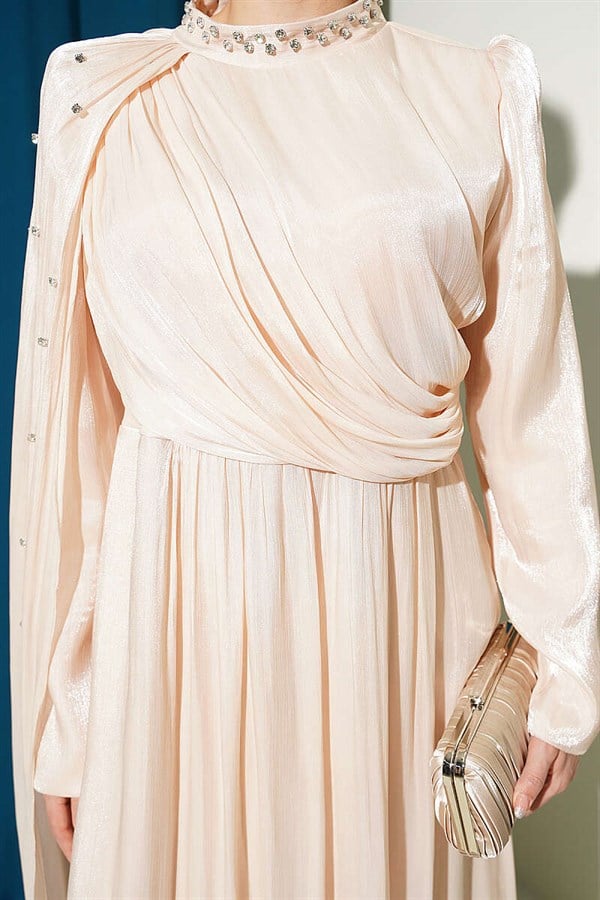 One-Shoulder Cape Embellished Evening Dress, Beige