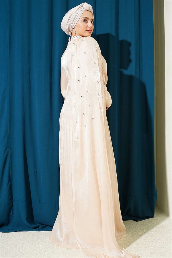 One-Shoulder Cape Embellished Evening Dress, Beige