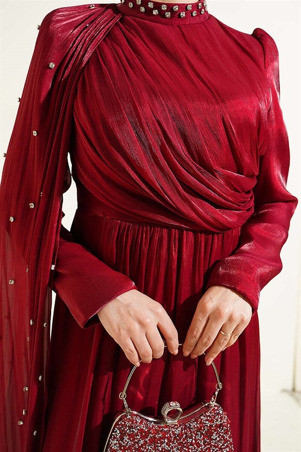One-Shoulder Cape Embellished Evening Dress in Burgundy