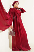 One-Shoulder Cape Embellished Evening Dress in Burgundy