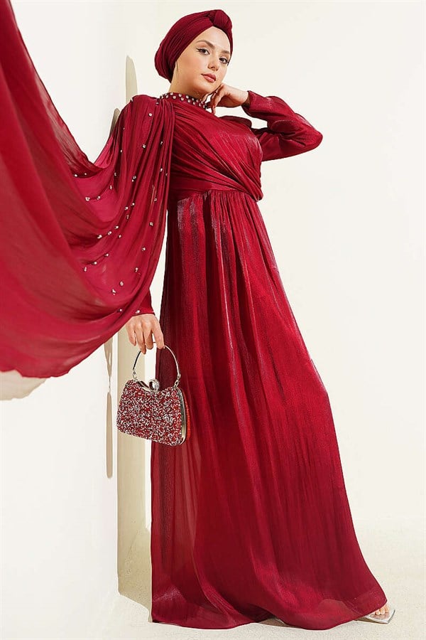 One-Shoulder Cape Embellished Evening Dress in Burgundy