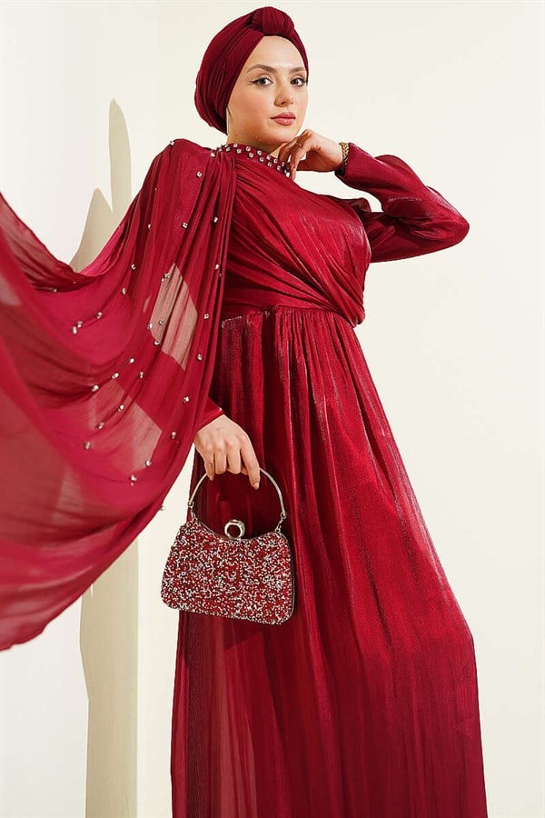 One-Shoulder Cape Embellished Evening Dress in Burgundy
