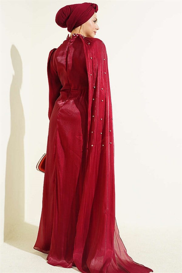 One-Shoulder Cape Embellished Evening Dress in Burgundy