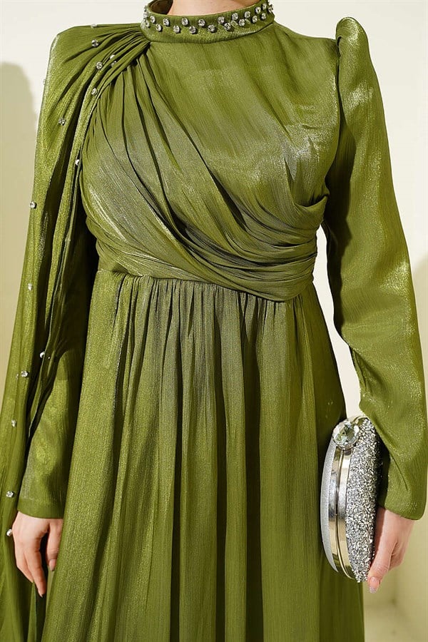 One-Shoulder Cape Embellished Evening Dress Khaki