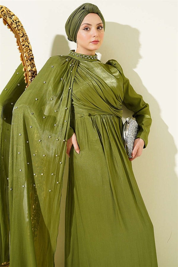 One-Shoulder Cape Embellished Evening Dress Khaki