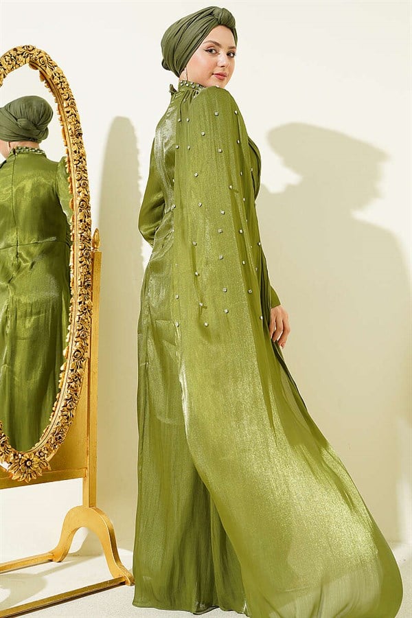 One-Shoulder Cape Embellished Evening Dress Khaki