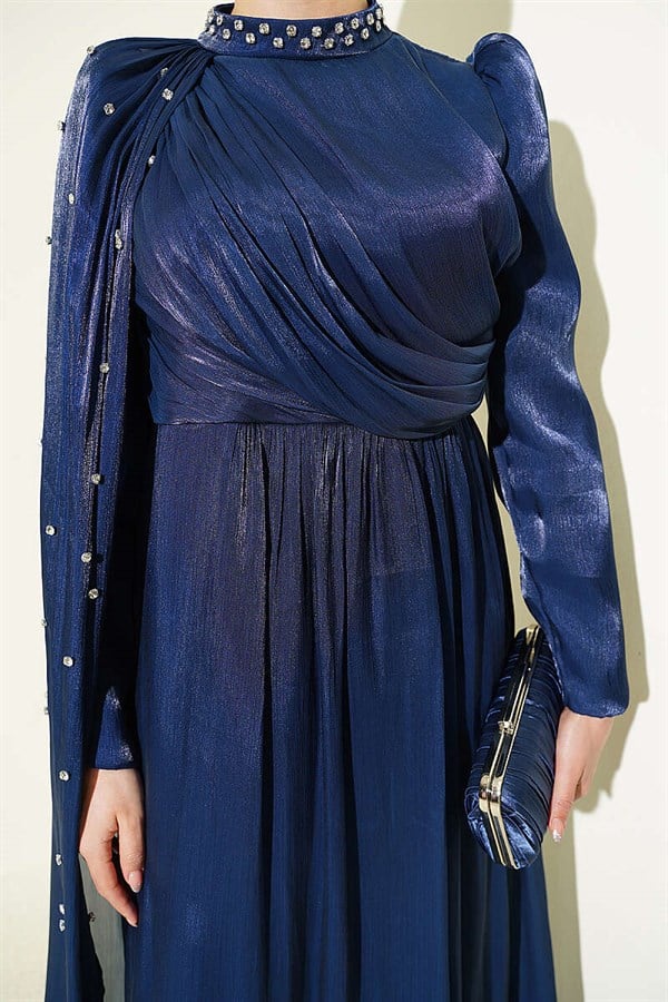One-Shoulder Cape Embellished Evening Dress Navy Blue