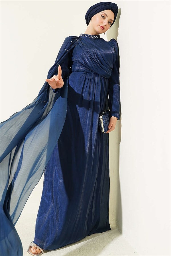 One-Shoulder Cape Embellished Evening Dress Navy Blue