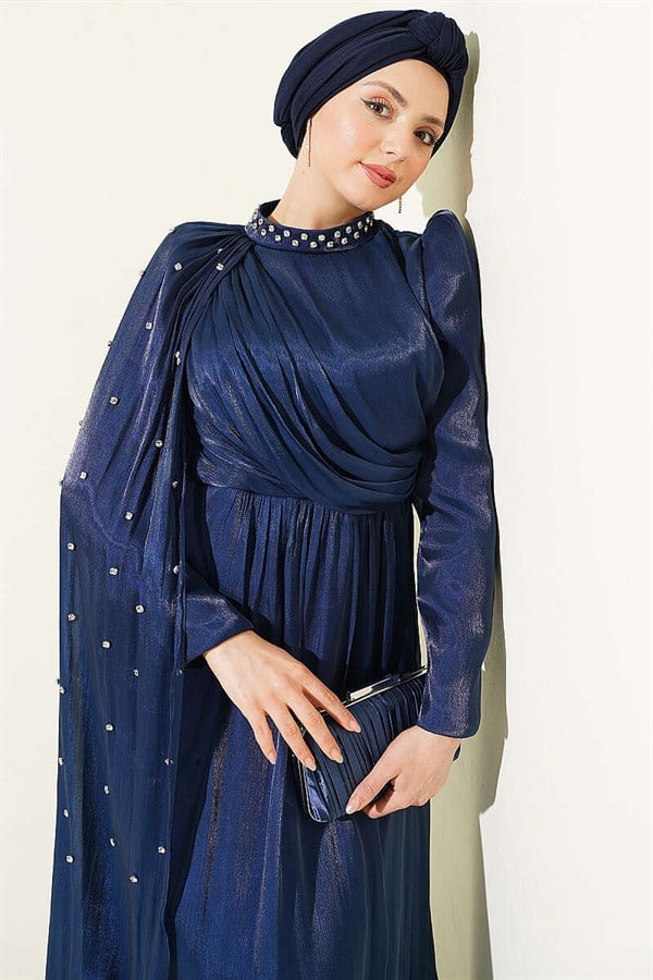 One-Shoulder Cape Embellished Evening Dress Navy Blue