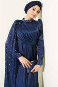 One-Shoulder Cape Embellished Evening Dress Navy Blue