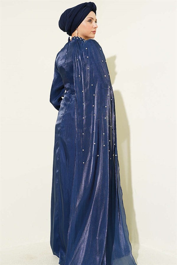 One-Shoulder Cape Embellished Evening Dress Navy Blue