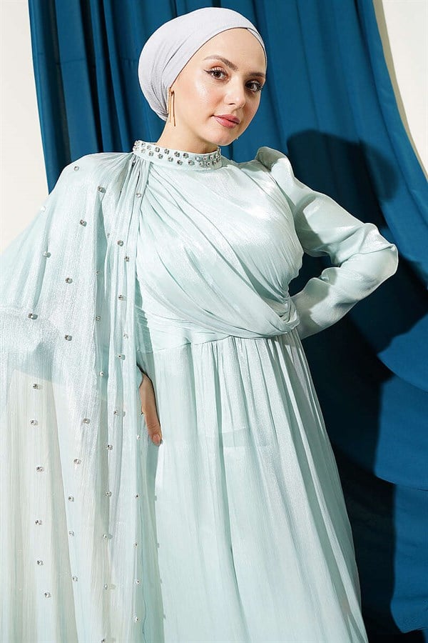 One-Shoulder Cape Embellished Evening Dress in Mint