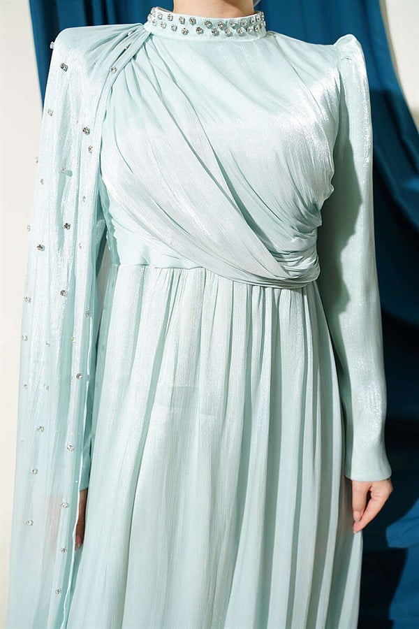 One-Shoulder Cape Embellished Evening Dress in Mint