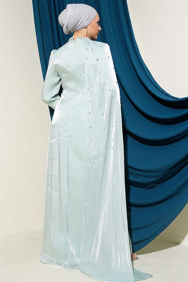 One-Shoulder Cape Embellished Evening Dress in Mint