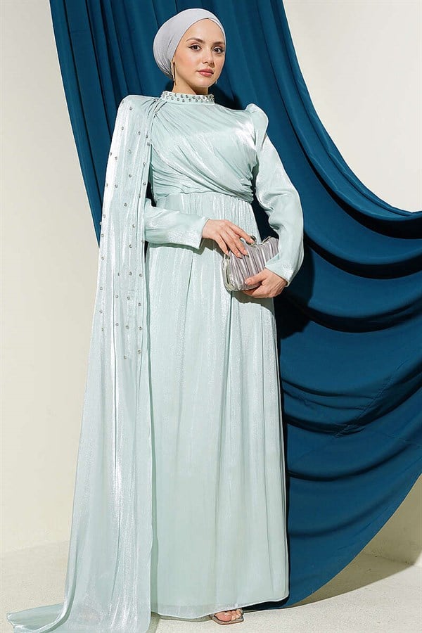 One-Shoulder Cape Embellished Evening Dress in Mint