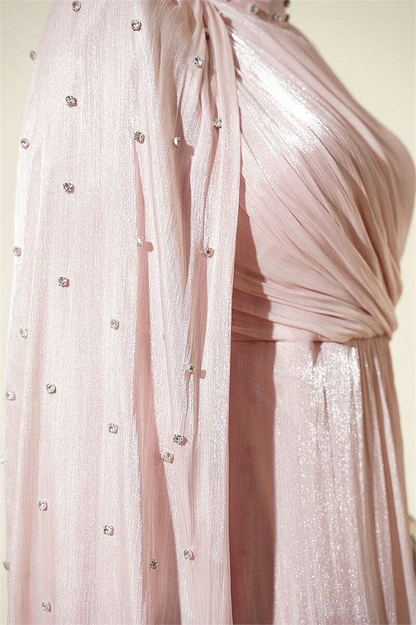 One-Shoulder Cape Embellished Evening Dress in Powder Pink