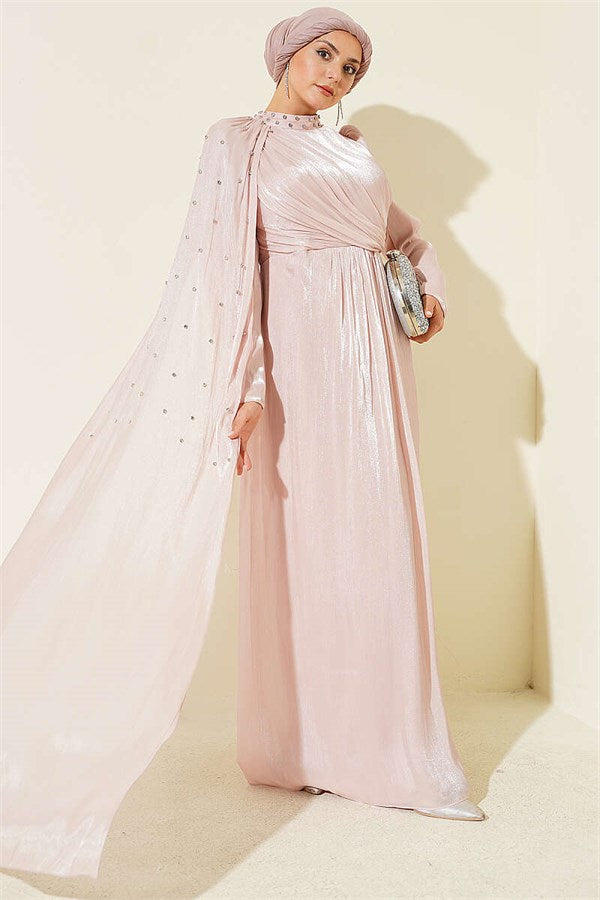One-Shoulder Cape Embellished Evening Dress in Powder Pink