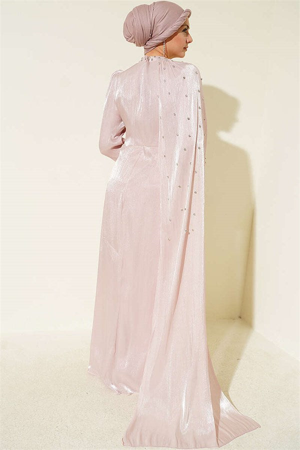 One-Shoulder Cape Embellished Evening Dress in Powder Pink