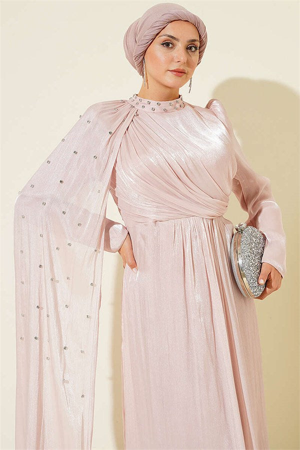 One-Shoulder Cape Embellished Evening Dress in Powder Pink