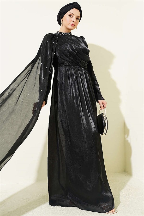 One-Shoulder Cape Embellished Evening Dress, Black