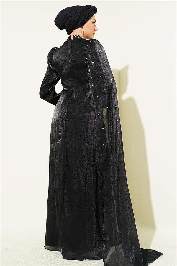 One-Shoulder Cape Embellished Evening Dress, Black