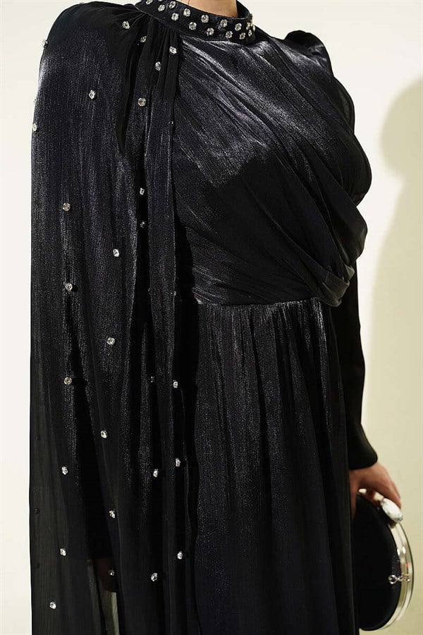 One-Shoulder Cape Embellished Evening Dress, Black