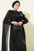One-Shoulder Cape Embellished Evening Dress, Black