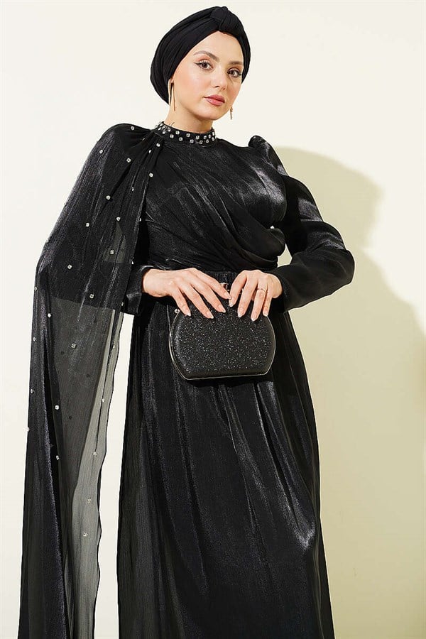 One-Shoulder Cape Embellished Evening Dress, Black